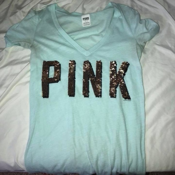 PINK Victoria's Secret Tops - Baby Blue PINK T-Shirt Sequins BLING! Size Small